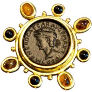 BLACK COIN/CAMEO PIN/BROOCH WITH TOPAZ & BLACK CABOCHONS ACCENTS